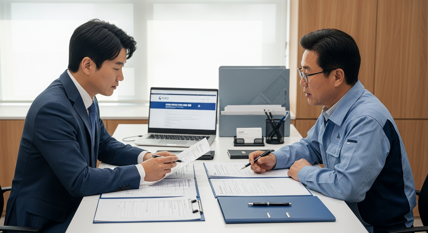 장애인 표준사업장 인증 상담 - 행정사와 사업주가 서류를 검토하는 모습