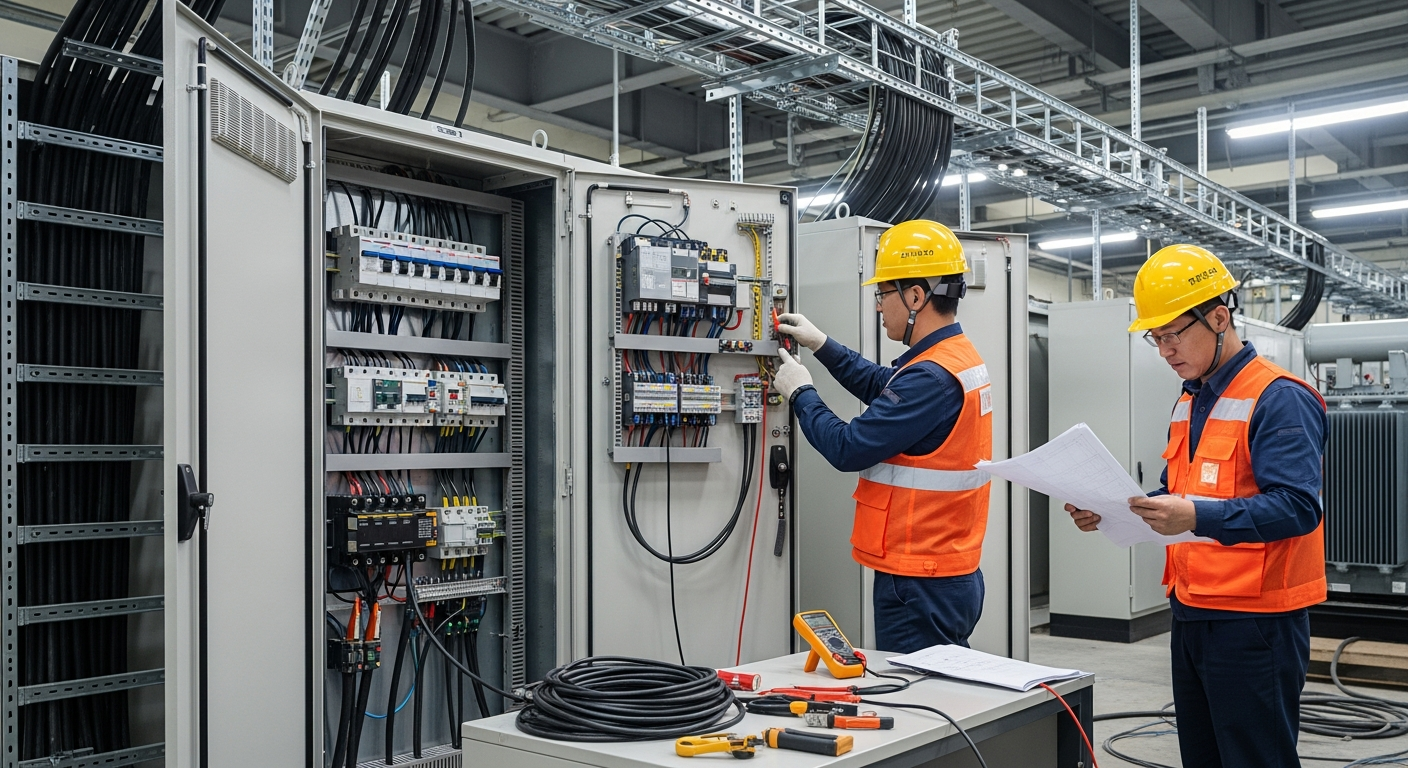 전기공사업 현장 – 산업용 배전반 패널 배선 작업 중인 전기공사 기술자들