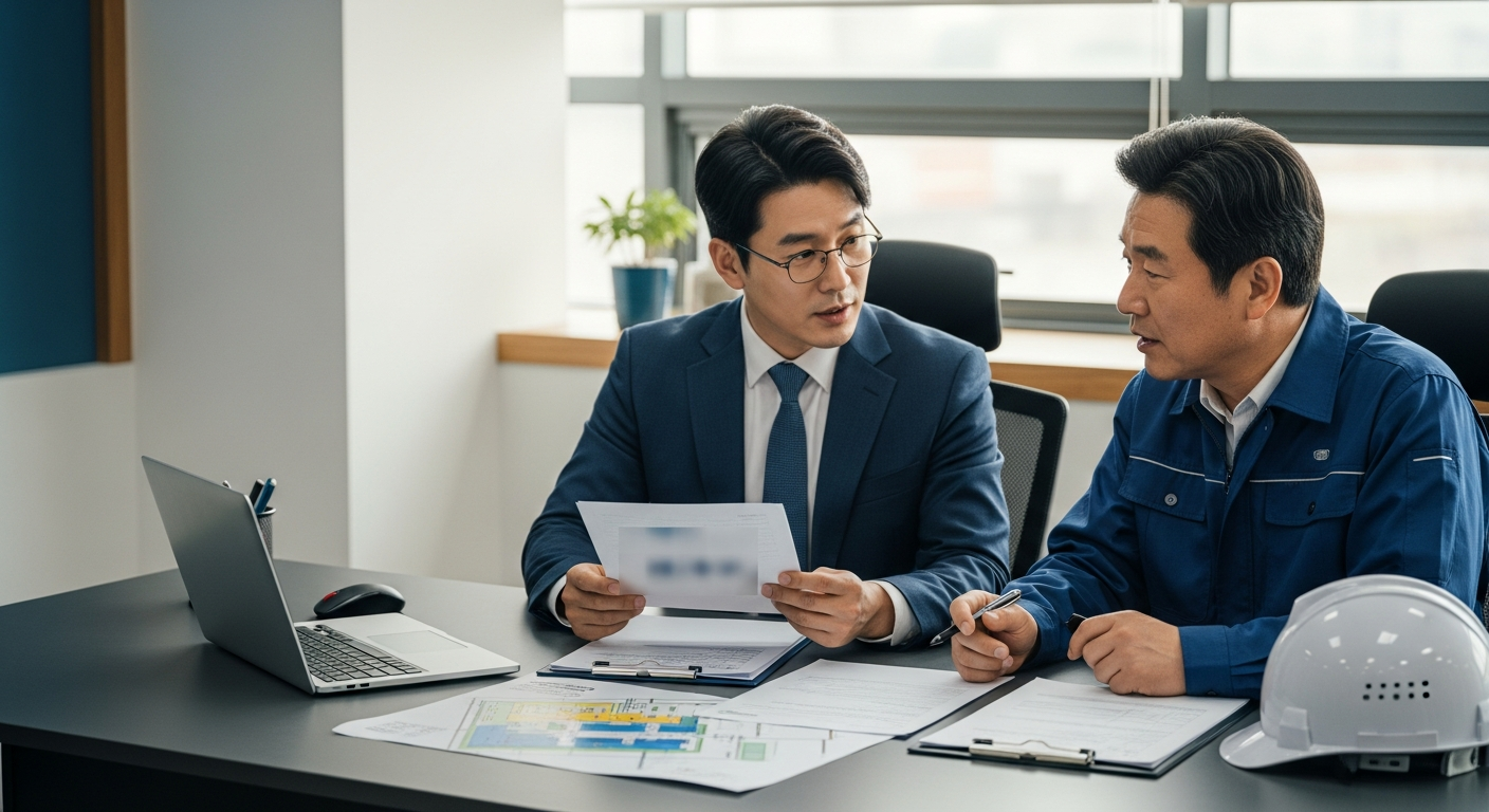 공장 이전 일정과 등록변경 서류를 함께 검토하는 장면