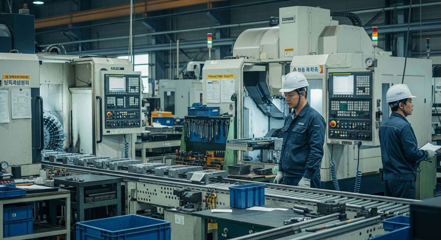 직접생산확인증명서 제조 현장 - CNC 설비와 생산 라인을 점검하는 작업자들이 있는 제조업 공장 현장